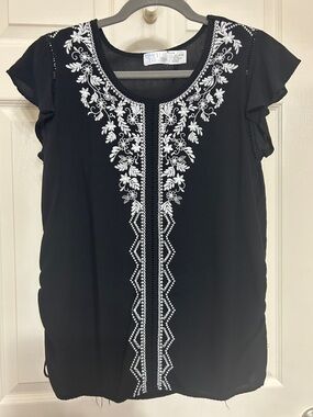 Time and Tru Black Embroidered Top with Ivory Floral Embroidery Flutter Sleeves